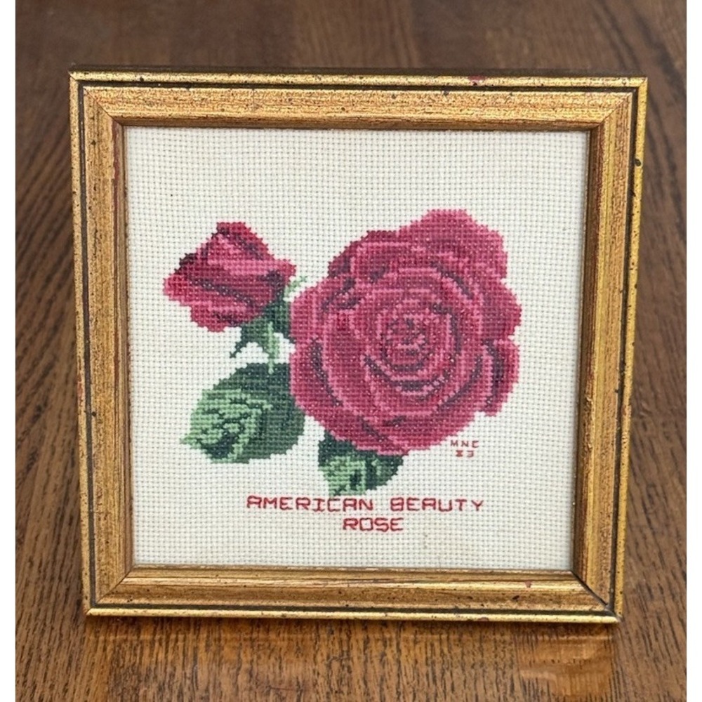 Cross Stitch Needlepoint American Beauty Rose 1983 Needle Art Framed 8.5"